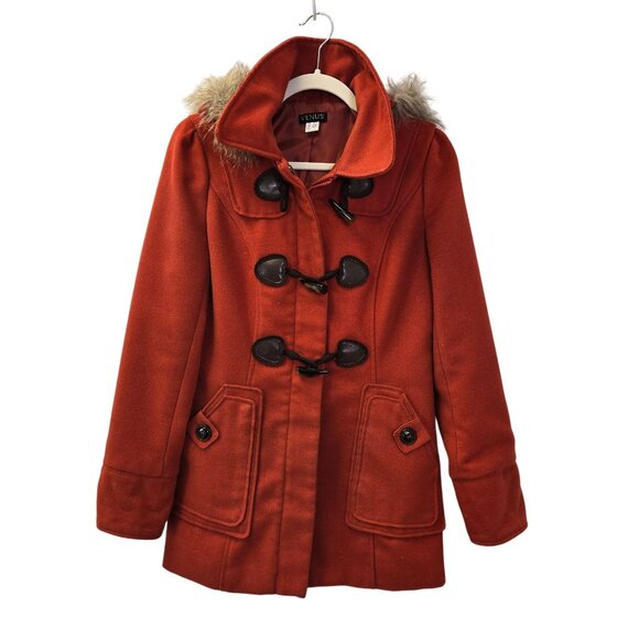 Venus Textured Toggle Accent Hooded Jacket with Faux Fur Trim Size Small - Picture 1 of 8